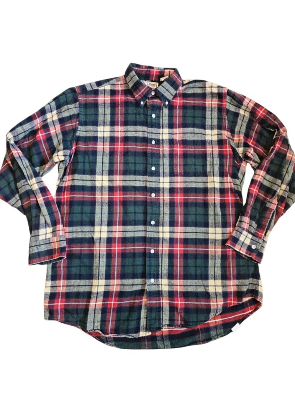VINTAGE LL Bean Flannel Shirt Sz Large Tall Plaid Made in USA Green Red FLAW